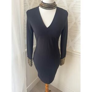 A’GACI Medium Black Bodycon Gold Metal Embellishment Collar and Cuff Mini Dress